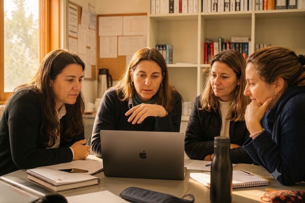 Equipo directivo de un colegio revisando información en conjunto