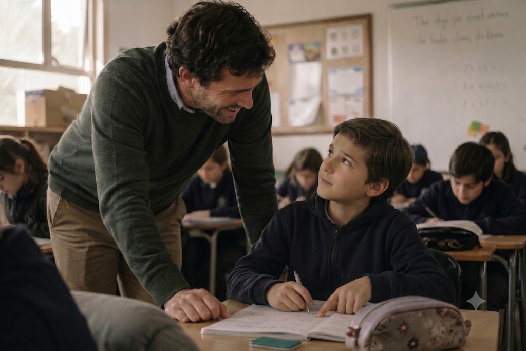 Docente conversando cercanamente con un estudiante en la sala de clases
